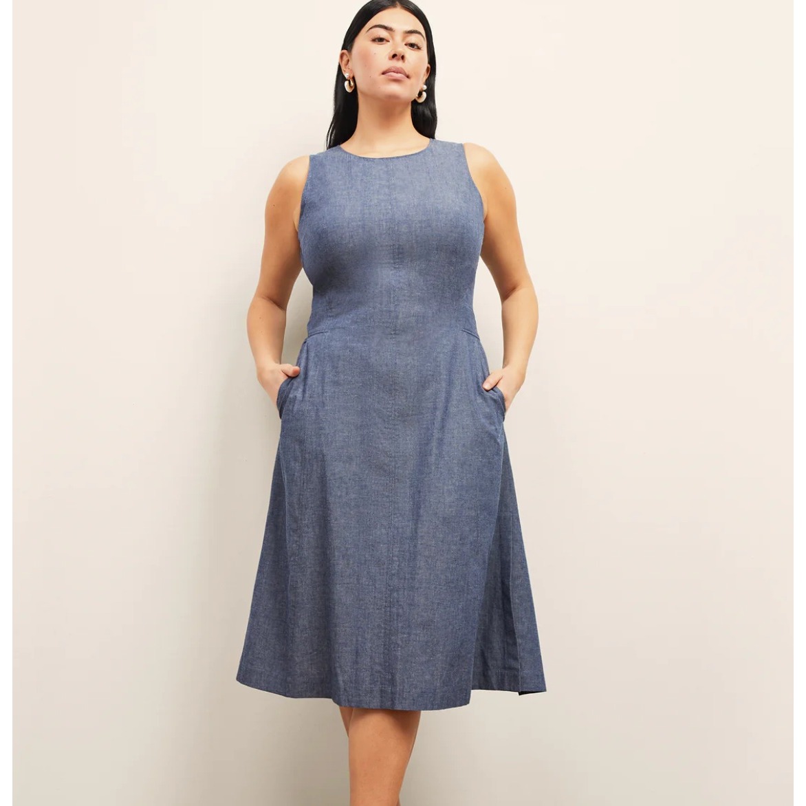 M.M.Lafleur Estela A-Line Dress Blue Chambray Cotton Sleeveless Midi Pockets 16